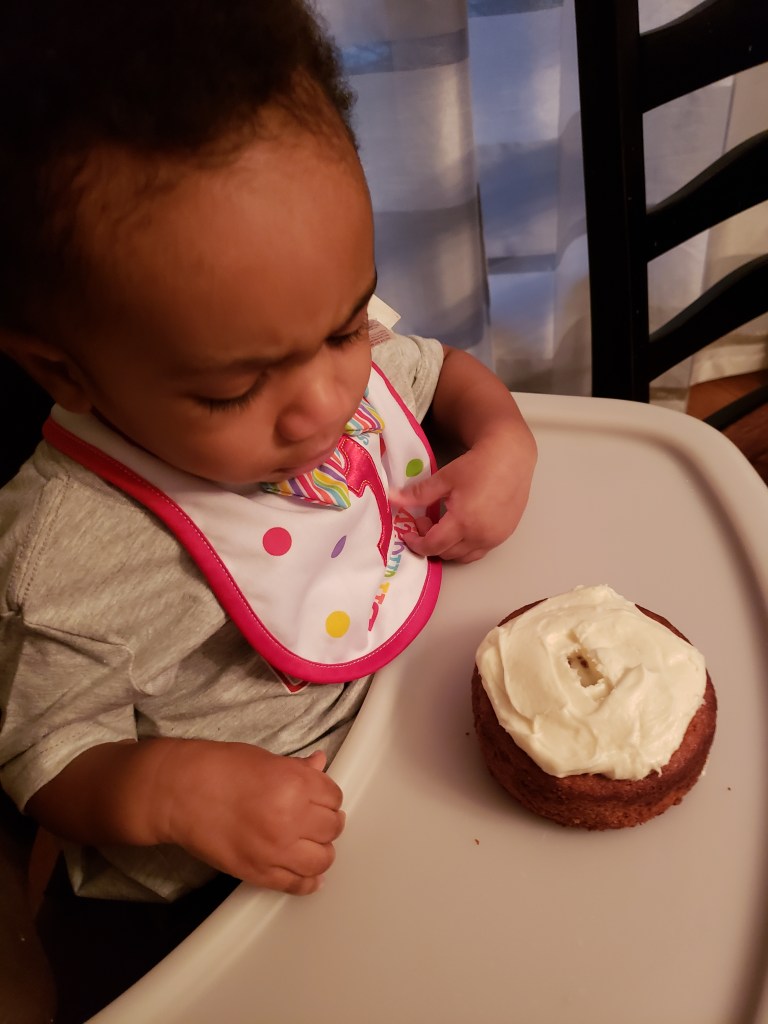 Baby looks at his first birthday smash cake with considerable skepticism.