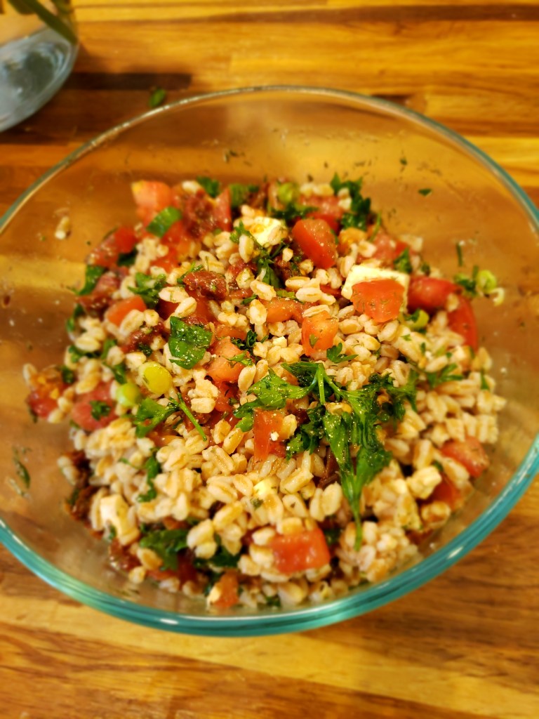 Farro is subbed for bulgur wheat in this tabbouleh recipe.