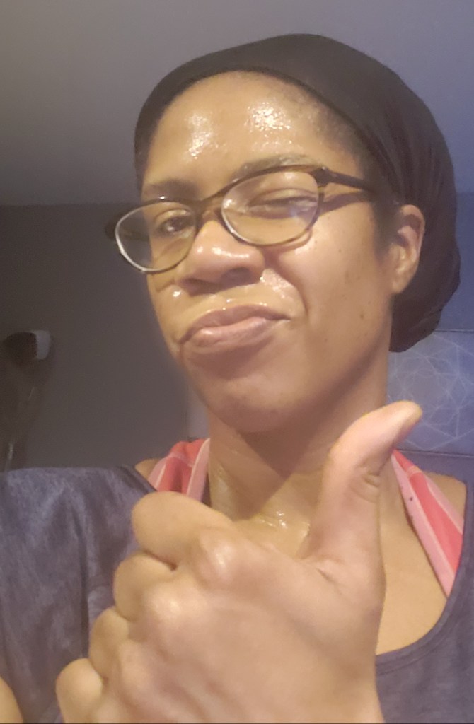 Sweaty lady at the end of the 20th workout.